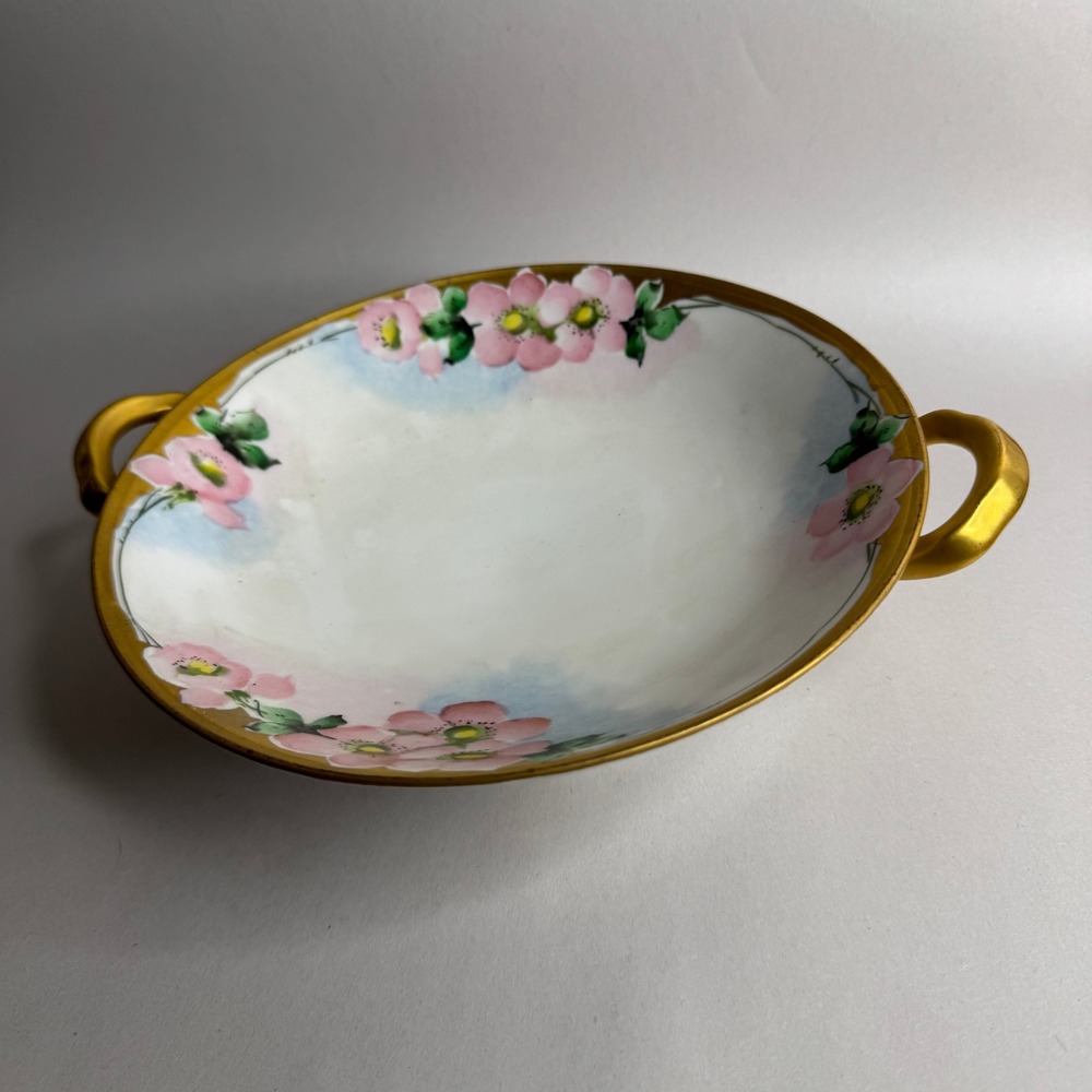 Vintage Japan Hand Painted Porcelain Footed Bowl Floral‎ Gold Trim Lusterware